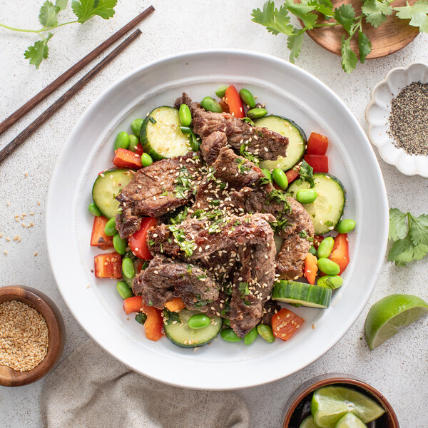 Broiled Black Pepper Beef with Cucumber-Edamame Salad & Sesame Seeds ...