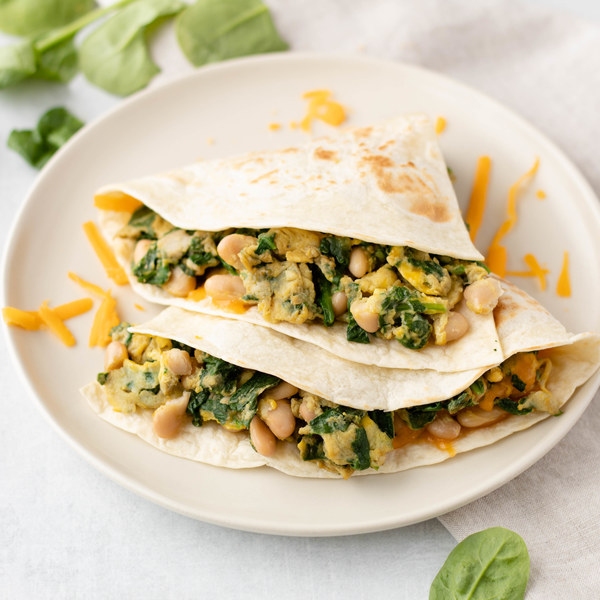 Savoury Spinach & White Bean Scramble Breakfast Quesadilla