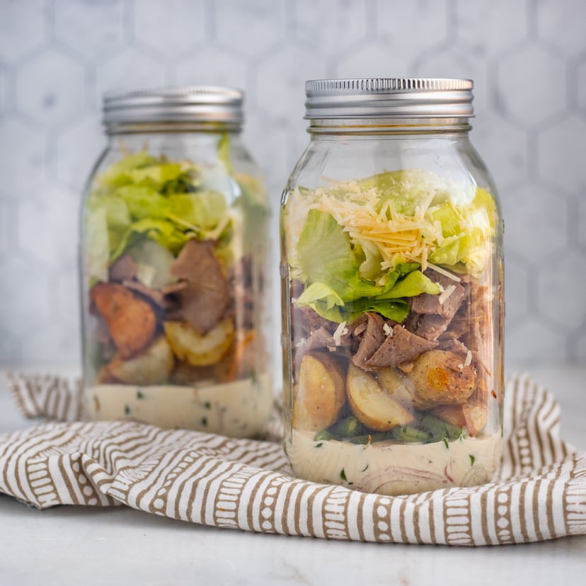 Roast Beef Mason Jar Salad with Potatoes, Green Beans, Romaine & Creamy