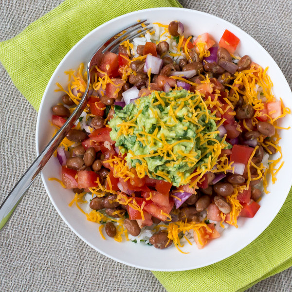 TexMex Recipes Veggie Burrito Bowl with Salsa, Guacamole & Cheddar