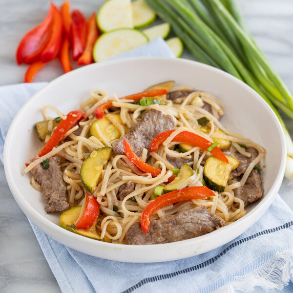 Asian Recipes Steak & Rice Noodle StirFry with Zucchini, Bell Pepper
