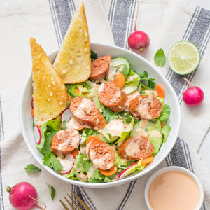 Sausage Banh Mi Salad with Jalapeños, Herbs & Garlic Crostini
