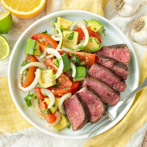 Cuban-Spiced Steak with Garlicky Avocado, Tomato & Onion Salad 
