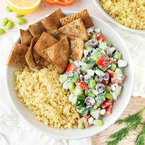 Greek-Style Quinoa & Edamame Salad Bowl with Pita Chips