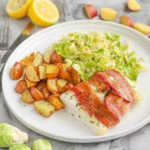 Bacon Wrapped Halibut with Roasted Potatoes & Brussels Sprout Salad