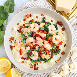Creamy Shrimp, Spinach & Bacon over Parmesan Cauliflower "Grits" 