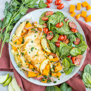 Chicken, Apple & Squash Skillet over Couscous with Spinach Salad