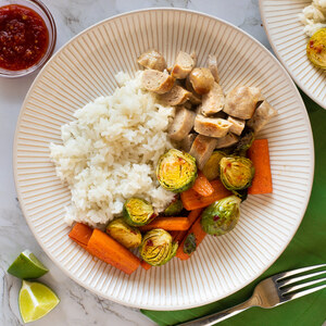 Sausage with Honey-Chili Glazed Brussels Sprouts & Carrots over Rice