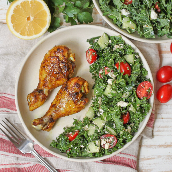 Roasted Moroccan-Spiced Drumsticks with Kale, Parsley & Feta Salad