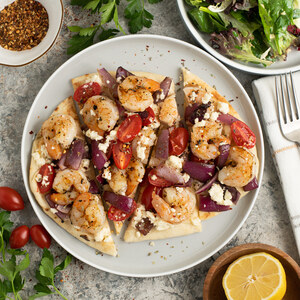 Grilled Shrimp, Onion & Tomato Pizza with Lemon-Parsley Mixed Greens