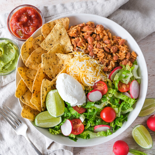 Bean Burrito Bowl with PACE Chunky Salsa & LATE JULY Tortilla Chips