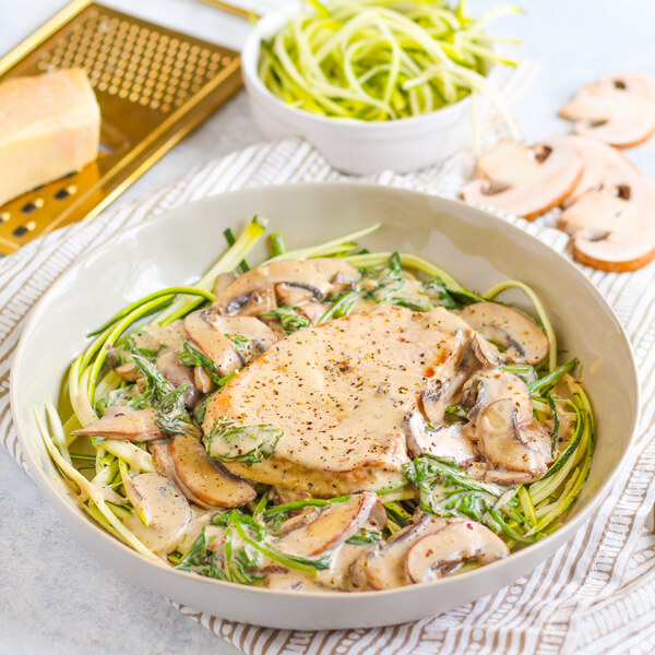 GarlicParmesan Pork Chop with Saucy PHILADELPHIA Cream Cheese Zoodles