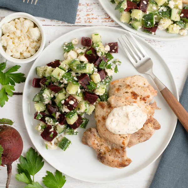 Roast Chicken Thighs with Oregano Aioli & Beet-Cucumber Salad