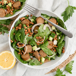 Spinach Salad with Veggie Sausage, Lentils & Lemon-Dijon Dressing