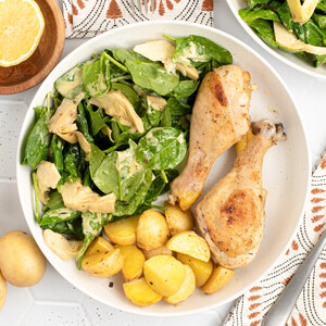 Lemon Dijon Drumsticks with Roast Potatoes & Spinach-Artichoke Salad