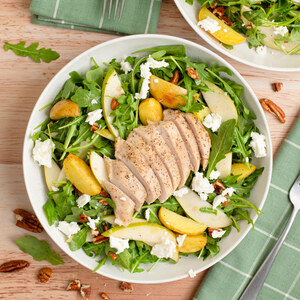 Honey-Dijon Arugula Salad with Chicken, Potato, Pear & Goat Cheese