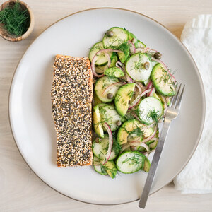"Everything Spice" Crusted Salmon with Avocado, Cucumber & Caper Salad