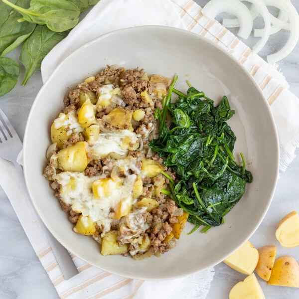 Cheesy "French Onion" Veggie Ground-Potato Skillet with Spinach Sauté
