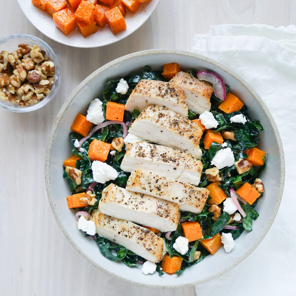 Chicken Salad with Kale, Roasted Squash, Goat Cheese & Walnuts