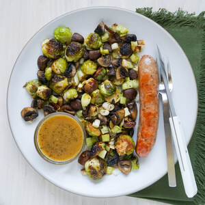 Sausage, Brussels Sprout, Mushroom & Leek Bake with Honey-Dijon Sauce