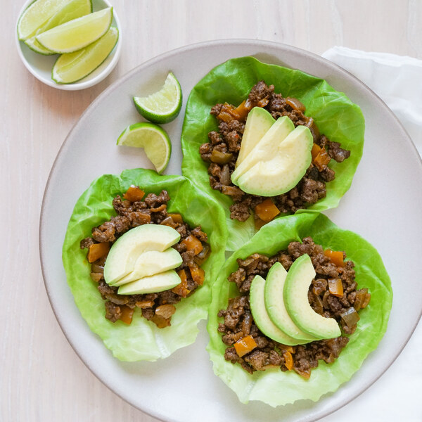 Spicy Taco Beef Lettuce Wraps with Fajita Peppers, Onions & Avocado