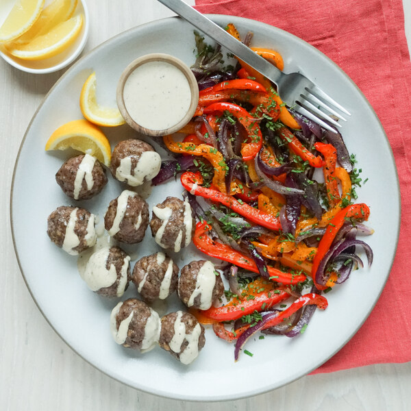 Lebanese-Style Beef Meatballs with Tahini Sauce, Peppers & Onions