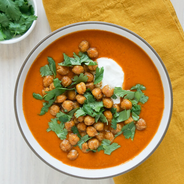 Coriander-Ginger Tomato Soup with Crispy Chickpeas, Cilantro & Yogurt