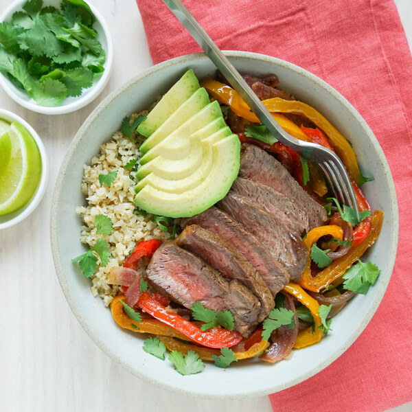 Steak Fajita Cauliflower Rice Bowl with Avocado & Cilantro