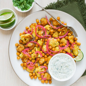 Curried Chicken, Chickpea & Cauliflower Bake with Cilantro Raita