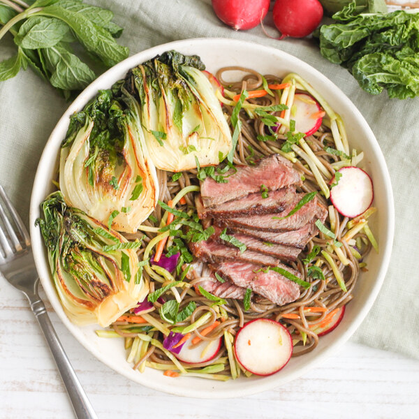 Soba Noodle Salad Bowl with Steak, Bok Choy, Broccoli Slaw & Ginger
