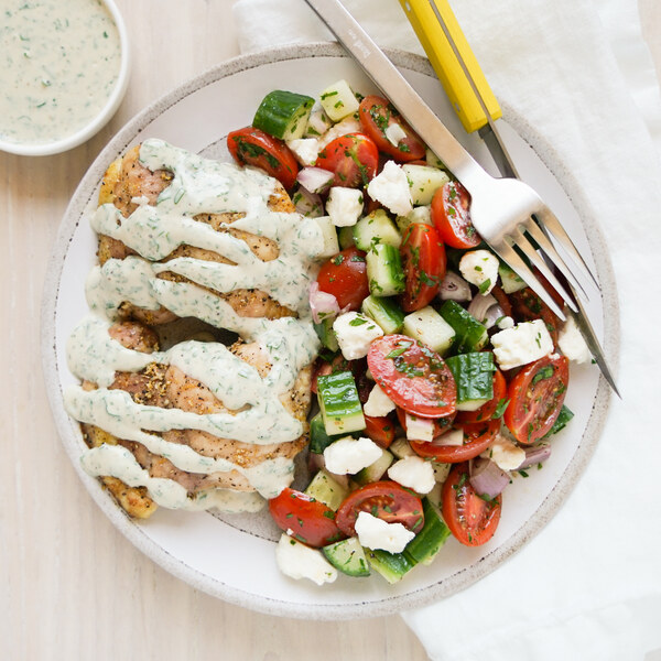 Lemon-Tahini Chicken Thighs with Tomato, Cucumber & Feta Salad