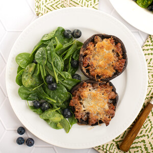 BBQ Pork Stuffed Portobellos with Cheese & Blueberry-Spinach Salad