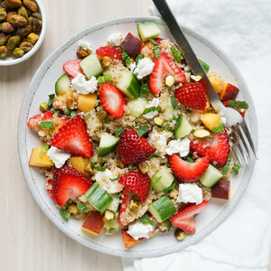 Strawberry-Peach Quinoa Salad with Cucumber, Goat Cheese & Pistachio