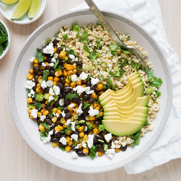 Spicy Black Bean Cauliflower Rice Bowl with Corn, Avocado & Feta