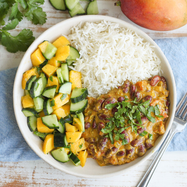 Kidney Bean Curry (Rajma Chawal) with Rice & Mango-Cucumber Salad