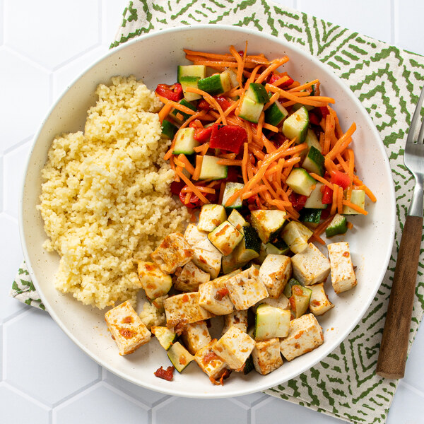 Sun-Dried Tomato Pesto Tofu with Zucchini, Couscous & Carrot Salad