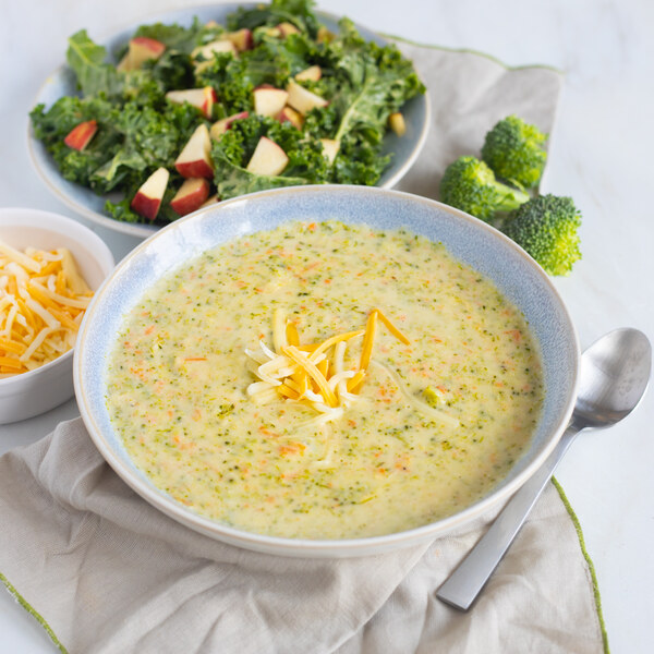 Broccoli-Cheese Soup with Honey Mustard Kale & Apple Salad