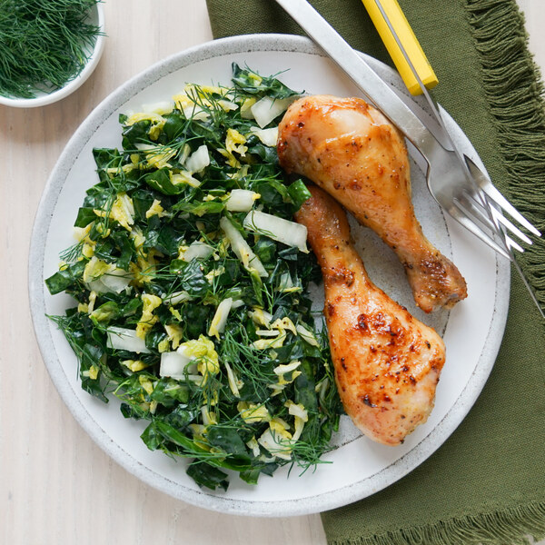 Maple-Dijon Chicken Drumsticks with Lemony Dill, Kale & Cabbage Slaw