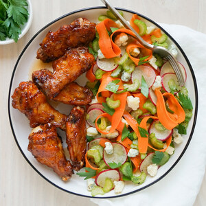 Hot Honey Wings with Celery, Carrot, Radish & Blue Cheese Salad