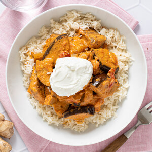 Creamy Indian Tomato-Eggplant Curry with Basmati Rice & Yogurt 