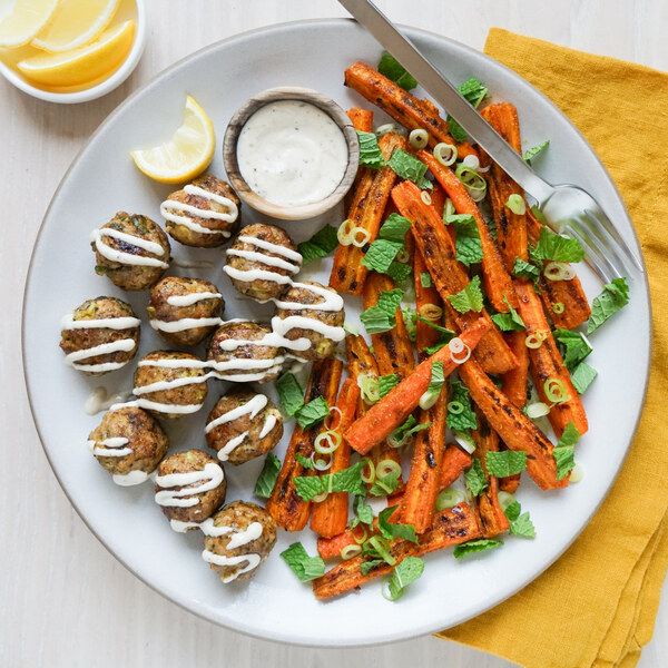 Turkey-Feta Meatballs with Lemony Tahini Sauce, Roasted Carrots & Mint