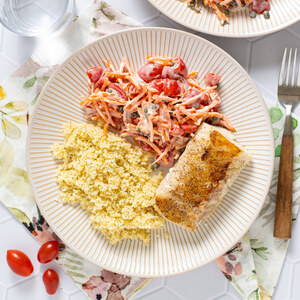 Seared Cod with Dill-Scented Couscous & Caper Ranch Veggie Salad