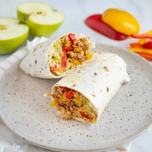 Ground Chicken Wrap with Sautéed Bell Peppers & Apple-Cilantro Slaw