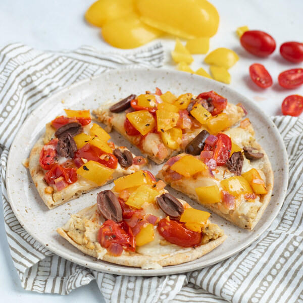 Greek Pita Pizza with Chickpea Spread, Bell Peppers, Tomatoes & Olives