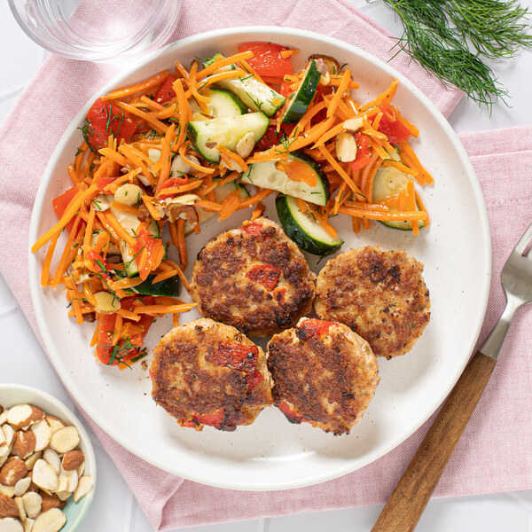 Roast Pepper-Pork Patties with Carrot, Cucumber, Almond & Dill Salad