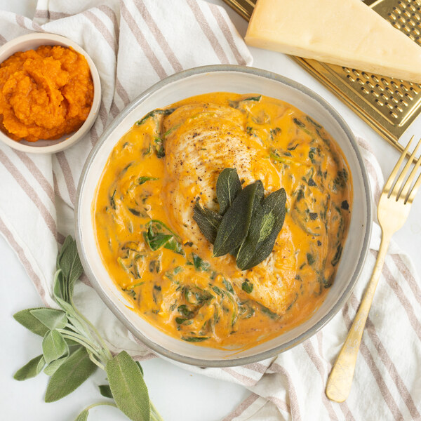 Creamy Pumpkin-Parmesan Chicken with Spinach & Crispy Sage