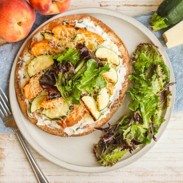 Grilled PeachZucchini Flatbread with Cream Cheese & Balsamic Greens