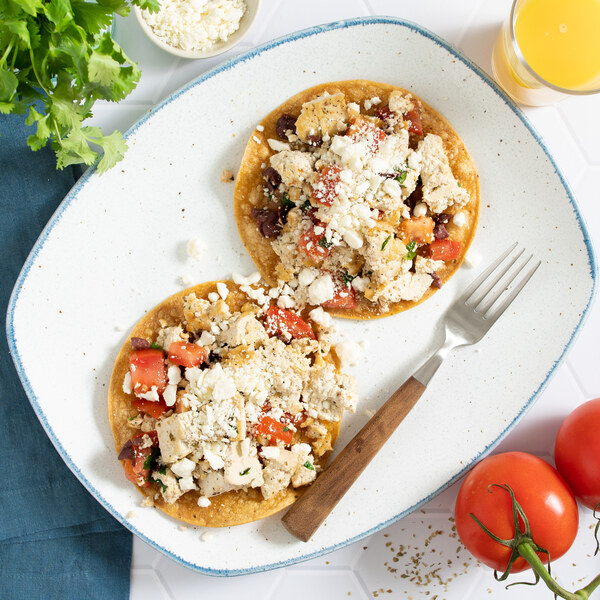 Tofu Scramble Breakfast Tostadas with Feta, Tomatoes, Olives & Parsley