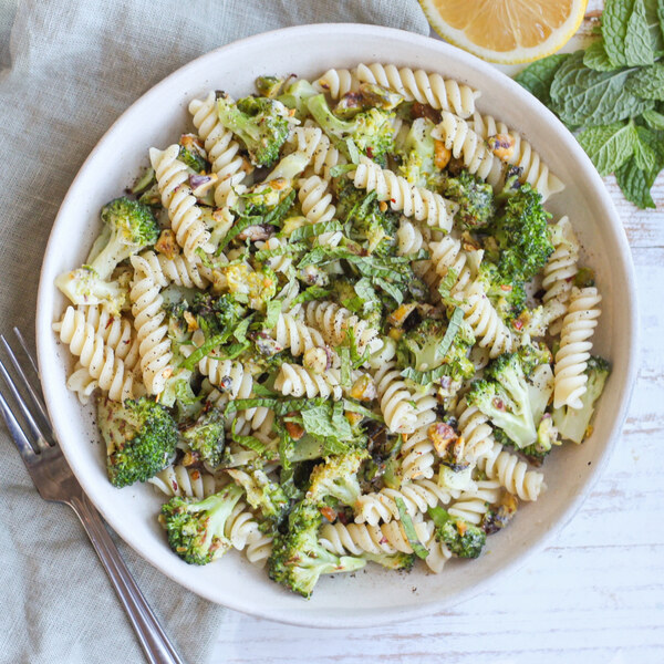 Roasted Broccoli Pasta with Lemon, Mint, Pistachios & Parmesan