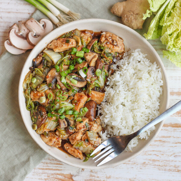 Sesame Chicken, Cabbage, Mushroom & Ginger Stir-Fry with Jasmine Rice ...